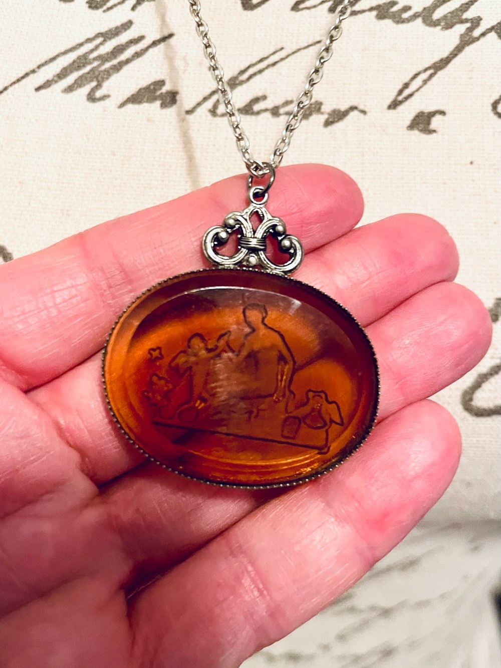 Vintage Early 20thC Amber Intaglio Pendant Necklace Greco Roman 24”